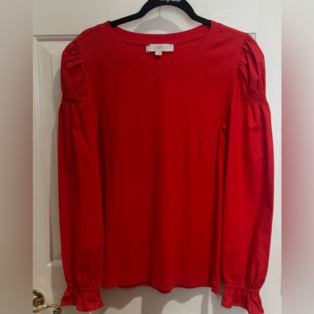 LOFT Bold Red Mixed Media long Sleeve Blouse Size M
